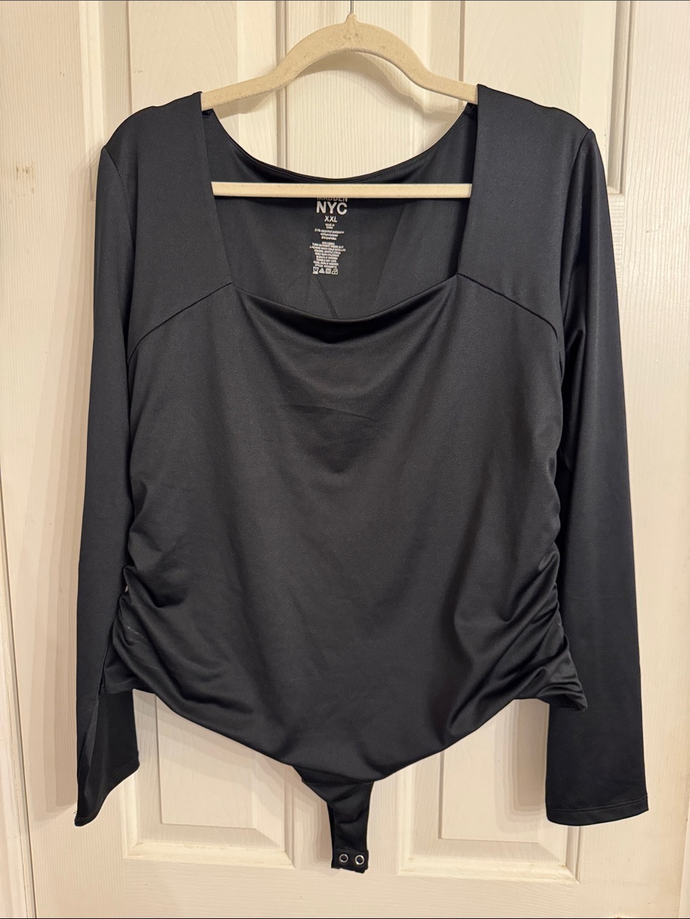 NYC Black Long-Sleeve Scoop Bodysuit with Side Gathering